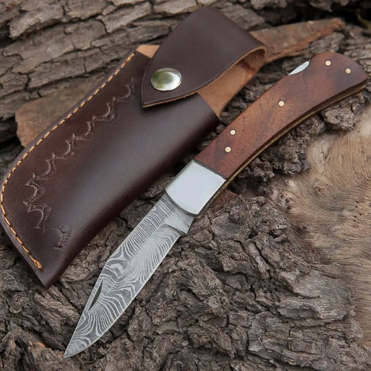 Back Lock 9 Handmade Damascus Steel Pocket Knife Dark Wood Handle Clips Folding