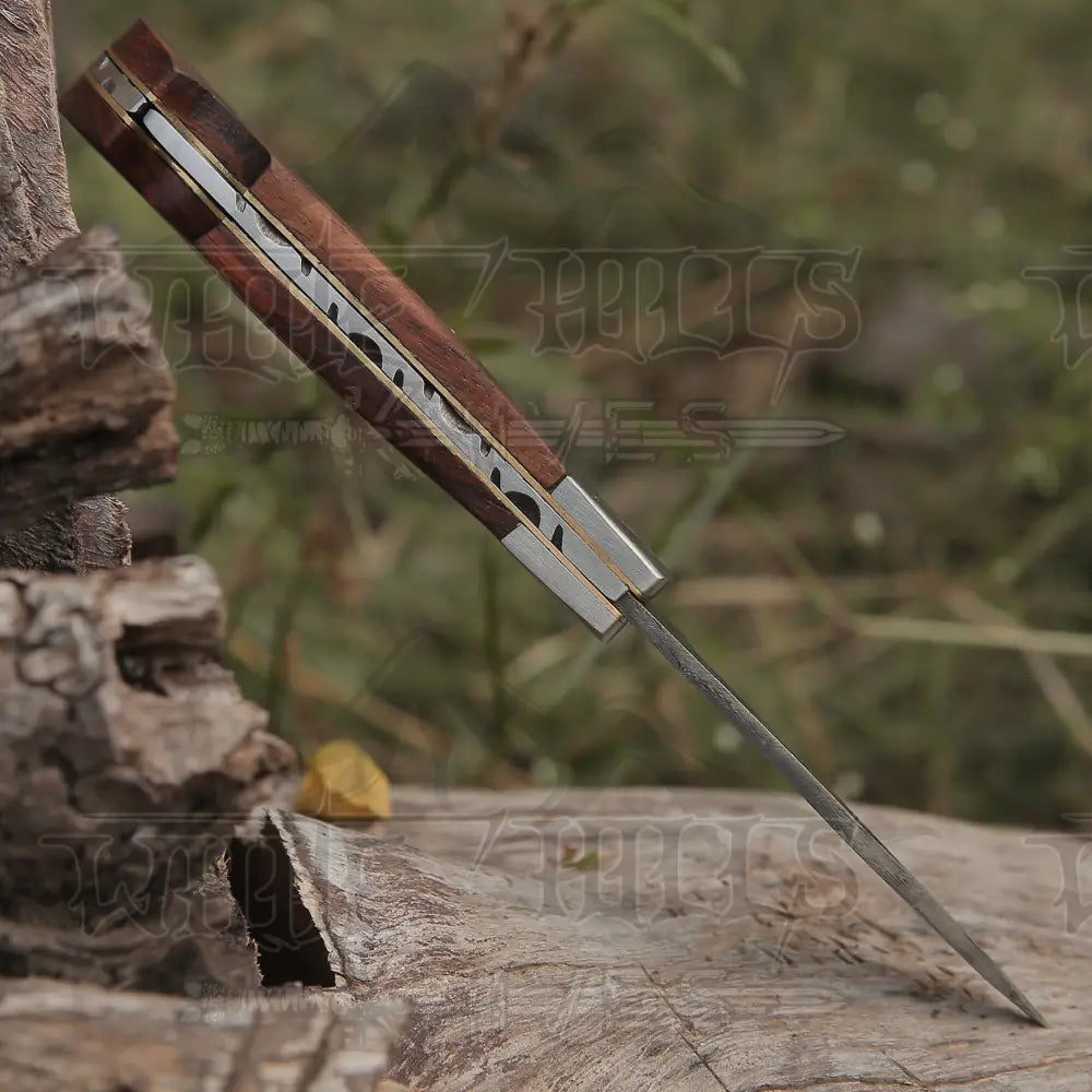 Back Lock 9 Handmade Damascus Steel Pocket Knife Dark Wood Handle Clips Folding