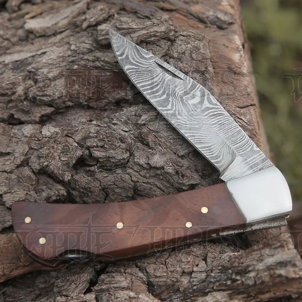 Back Lock 9 Handmade Damascus Steel Pocket Knife Dark Wood Handle Clips Folding