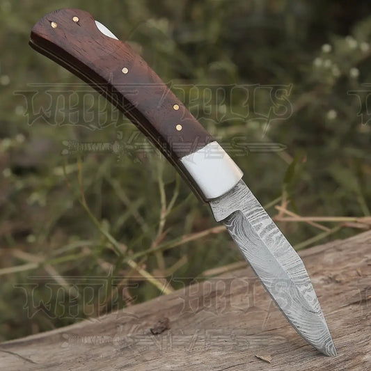 Back Lock 9 Handmade Damascus Steel Pocket Knife Dark Wood Handle Clips Folding