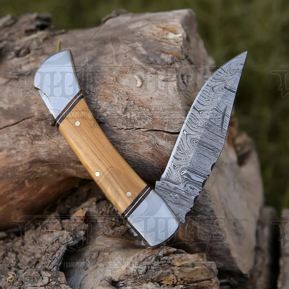 Back Lock 9 Handmade Damascus Steel Pocket Knife Olive Wood Handle Folding Wh 5037