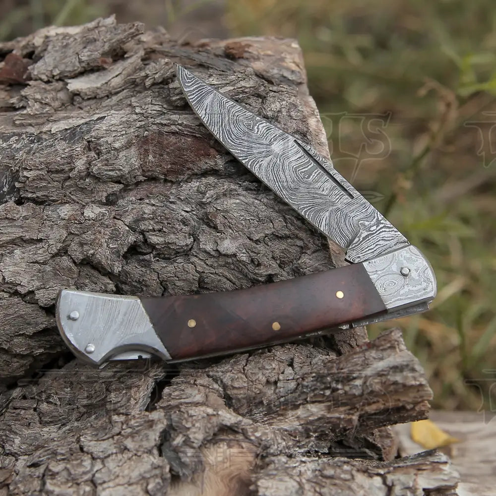 Back Lock 9 Handmade Damascus Steel Pocket Knife Rose Wood Handle Folding Wh 5011