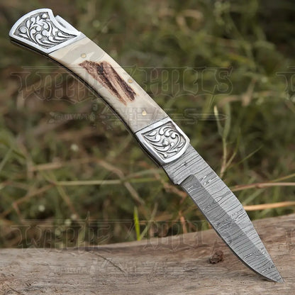 Back Lock 9 Handmade Damascus Steel Pocket Knife Stag Antler Handle Engraved Clips Folding