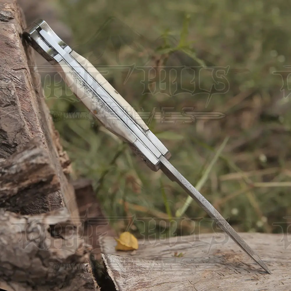 Back Lock 9 Handmade Damascus Steel Pocket Knife Stag Antler Handle Engraved Clips Folding