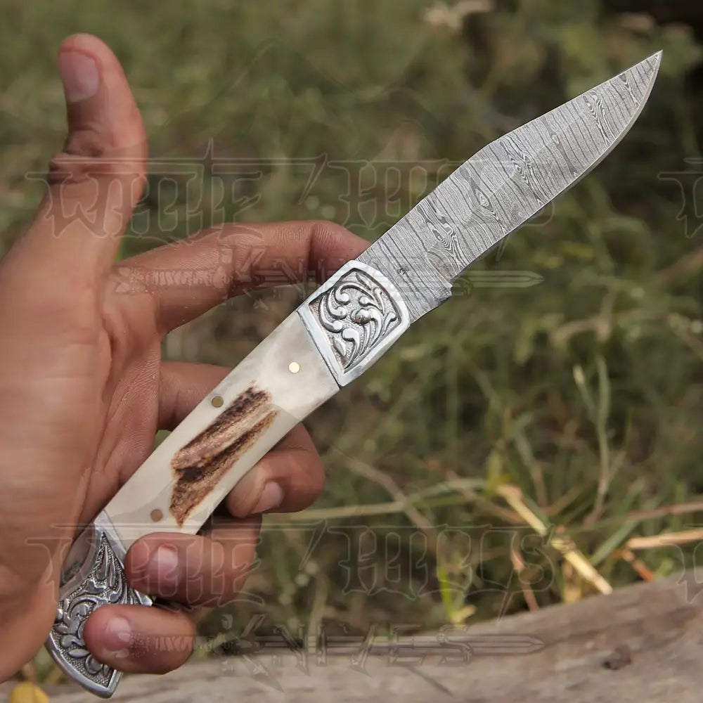 Back Lock 9 Handmade Damascus Steel Pocket Knife Stag Antler Handle Engraved Clips Folding