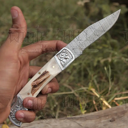 Back Lock 9 Handmade Damascus Steel Pocket Knife Stag Antler Handle Engraved Clips Folding