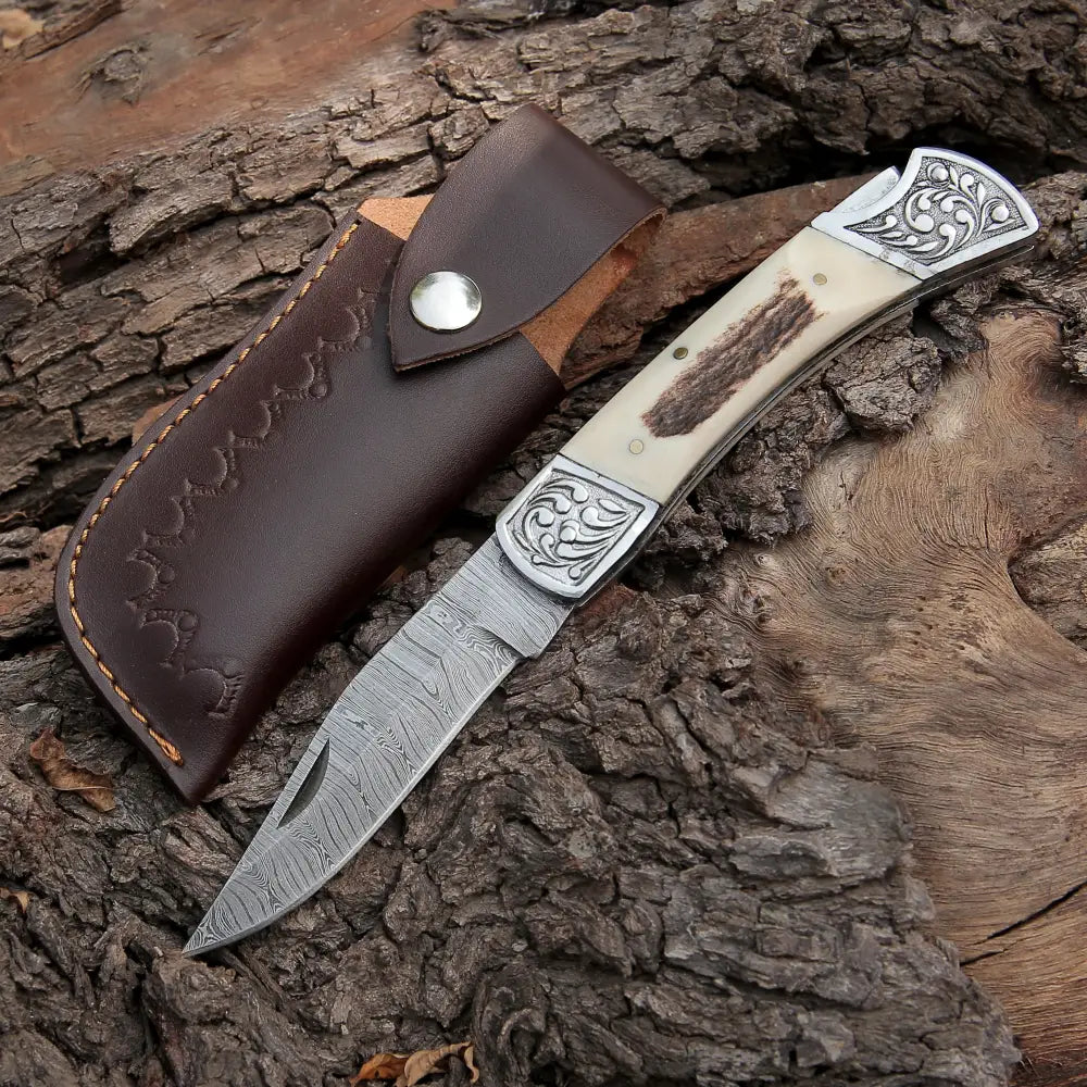 Back Lock 9 Handmade Damascus Steel Pocket Knife Stag Antler Handle Engraved Clips Folding