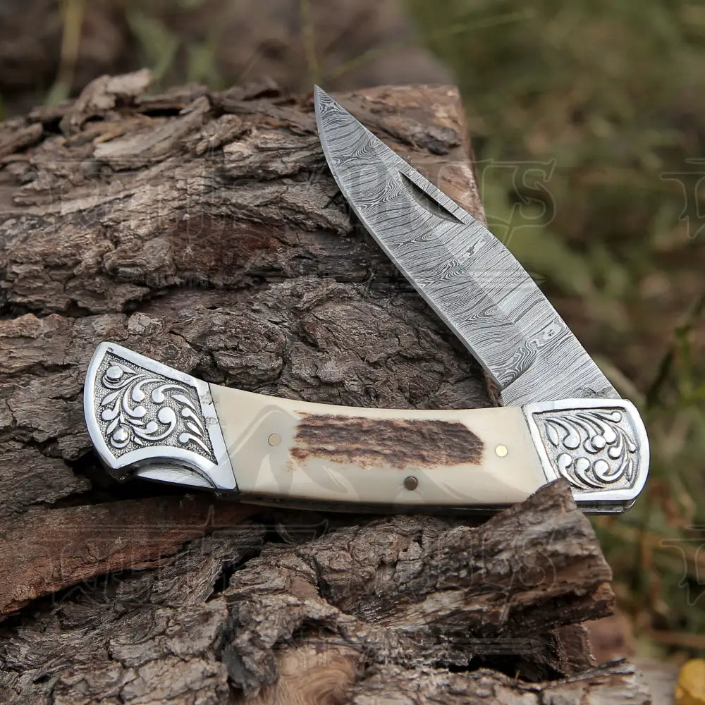 Back Lock 9 Handmade Damascus Steel Pocket Knife Stag Antler Handle Engraved Clips Folding