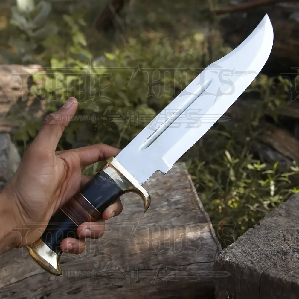 Bowie Knife - Handmade D2 Steel Hunting Fix Blade Bull Horn & Leather Handle