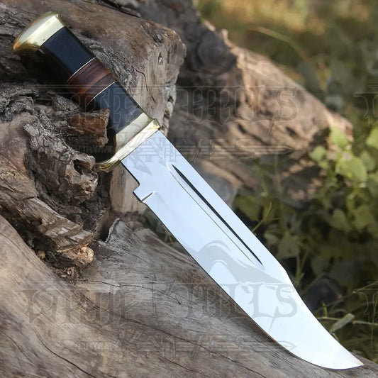 Bowie Knife - Handmade D2 Steel Hunting Fix Blade Bull Horn & Leather Handle