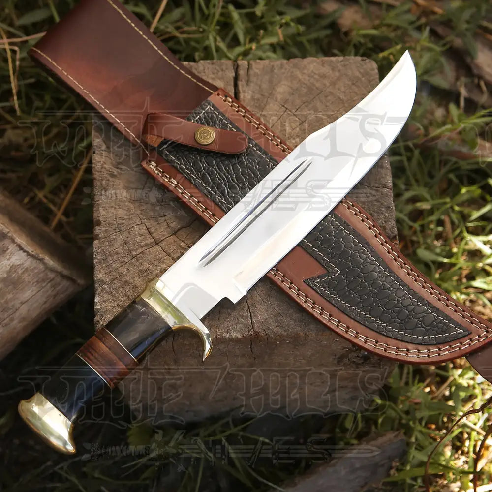 Bowie Knife - Handmade D2 Steel Hunting Fix Blade Bull Horn & Leather Handle