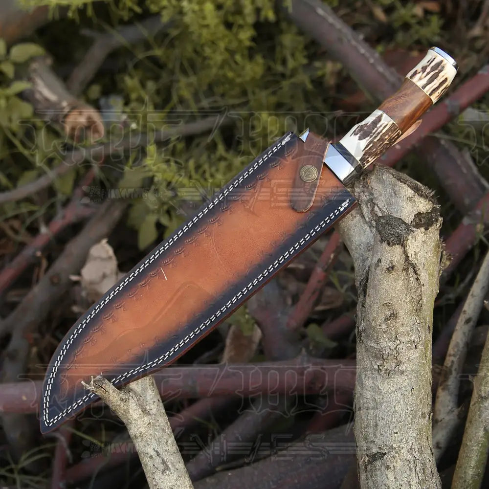 Bowie Knife - Handmade D2 Steel Hunting Fix Blade Stag Antler & Wood Handle