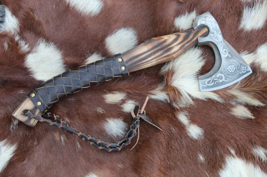 Custom Forged Carbon Steel Viking Axe With Dark Wood Shaft Bearded Camping Axe