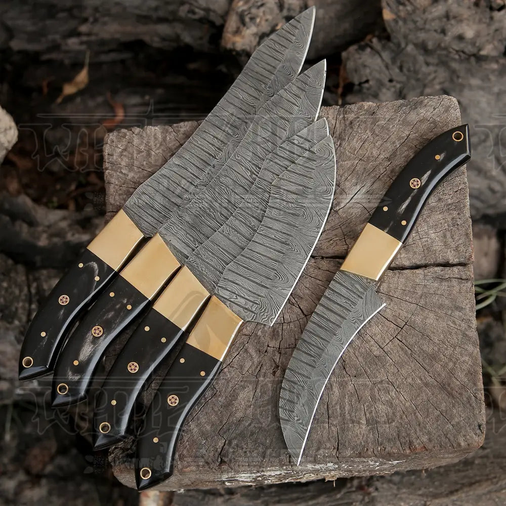 Custom Hand Forged Damascus Chef Knife Set Brass Bolster Bull Horn Handle Wh 1475 Set