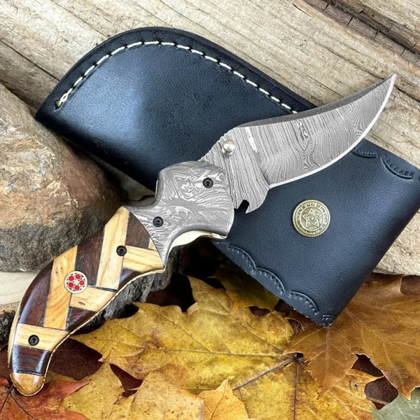 Personalized 7 Inch Damascus Folding Knife With Bone Handle + Leather Case Damascus fashion Fold Knife, Anniversary, Damascus Blade