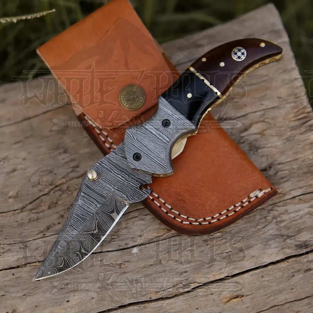 Custom Hand Forged Damascus Folding Knife Bolster With Olive & Dark Wood Handle Wh 3527 Buffalo Horn