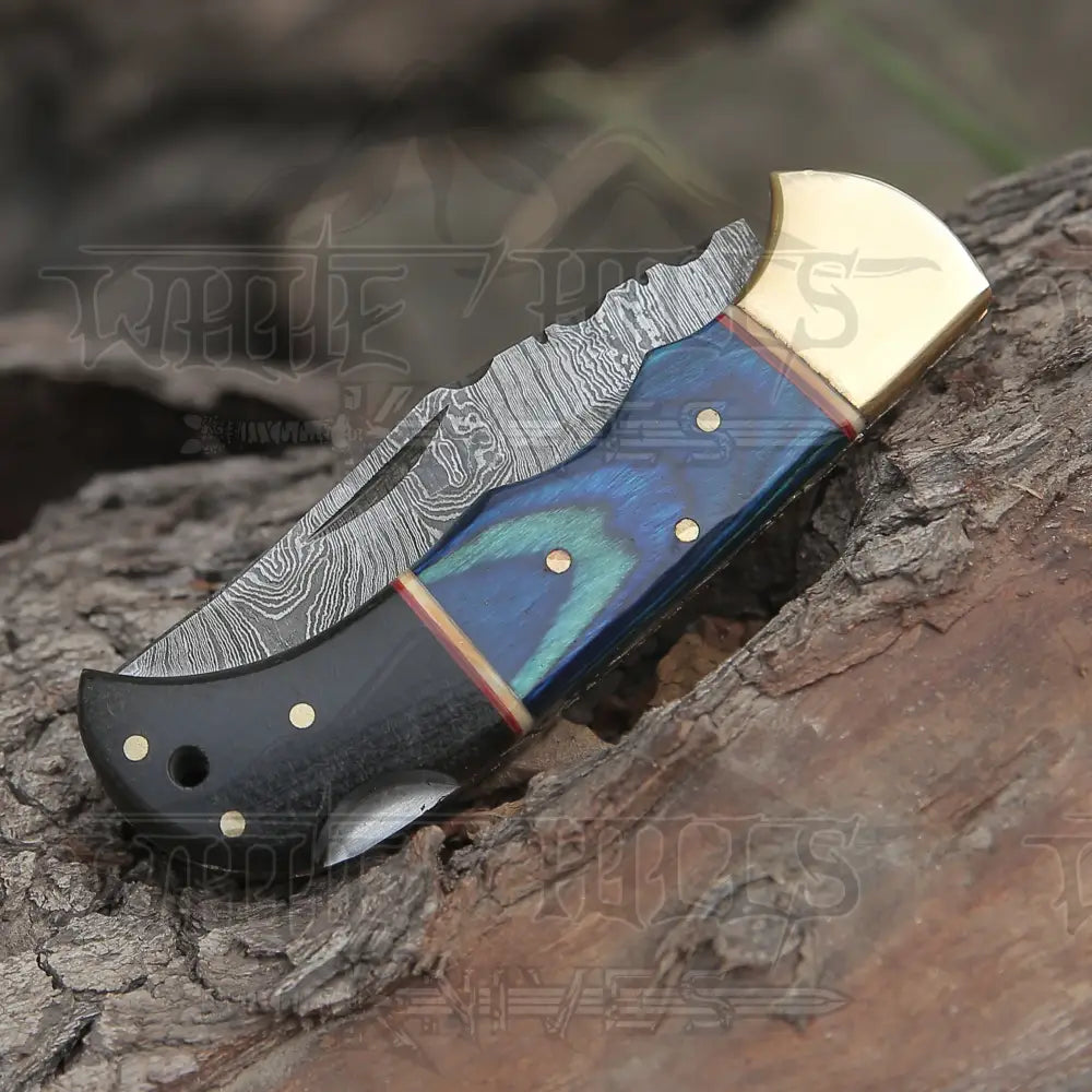 Custom Hand Forged Damascus Folding Knife Brass Bolster With Horn & Stain Wood Handle Wh 3525