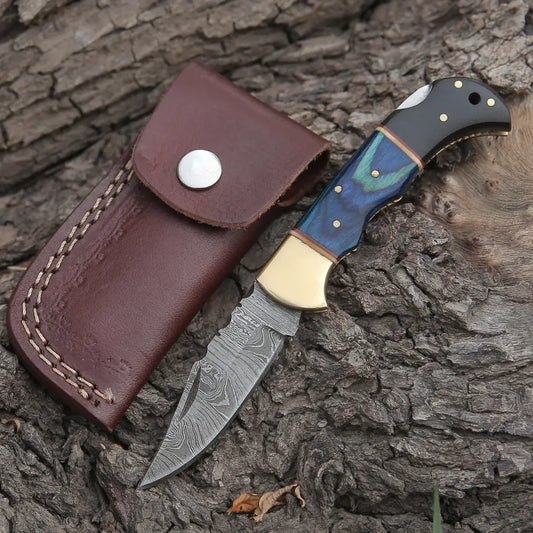 Custom Hand Forged Damascus Folding Knife Brass Bolster With Horn & Stain Wood Handle Wh 3525