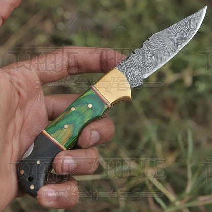 Custom Hand Forged Damascus Folding Knife Brass Bolster With Horn & Stain Wood Handle Wh 5002