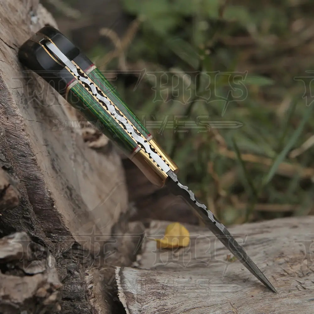 Custom Hand Forged Damascus Folding Knife Brass Bolster With Horn & Stain Wood Handle Wh 5002
