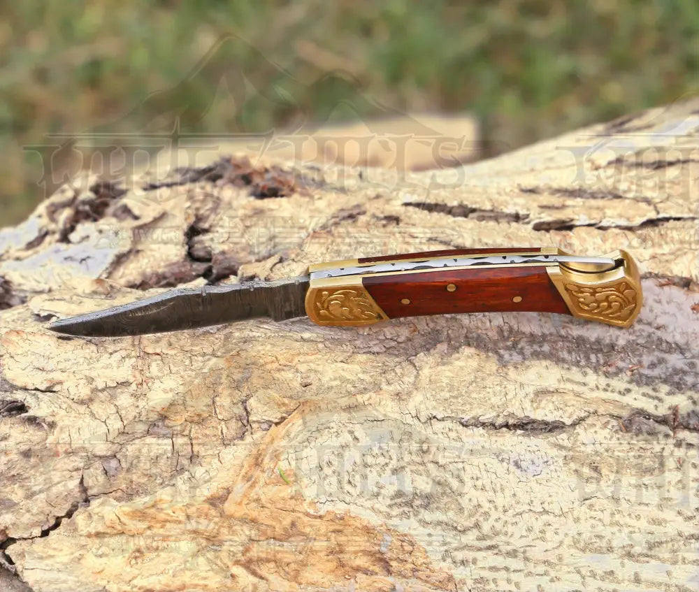 Custom Hand Forged Damascus Folding Knife Engraved Bolster With Rose Wood Handle Wh 1559