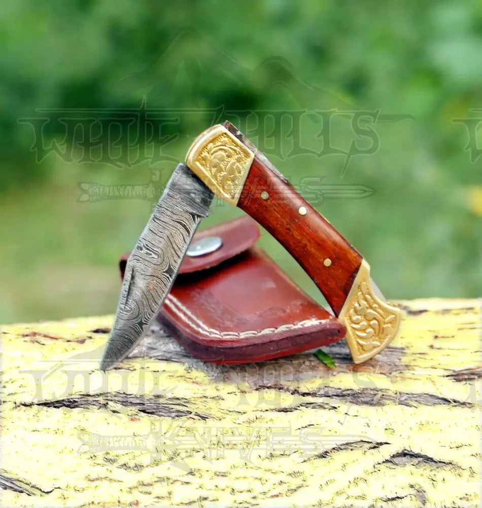 Custom Hand Forged Damascus Folding Knife Engraved Bolster With Rose Wood Handle Wh 1559
