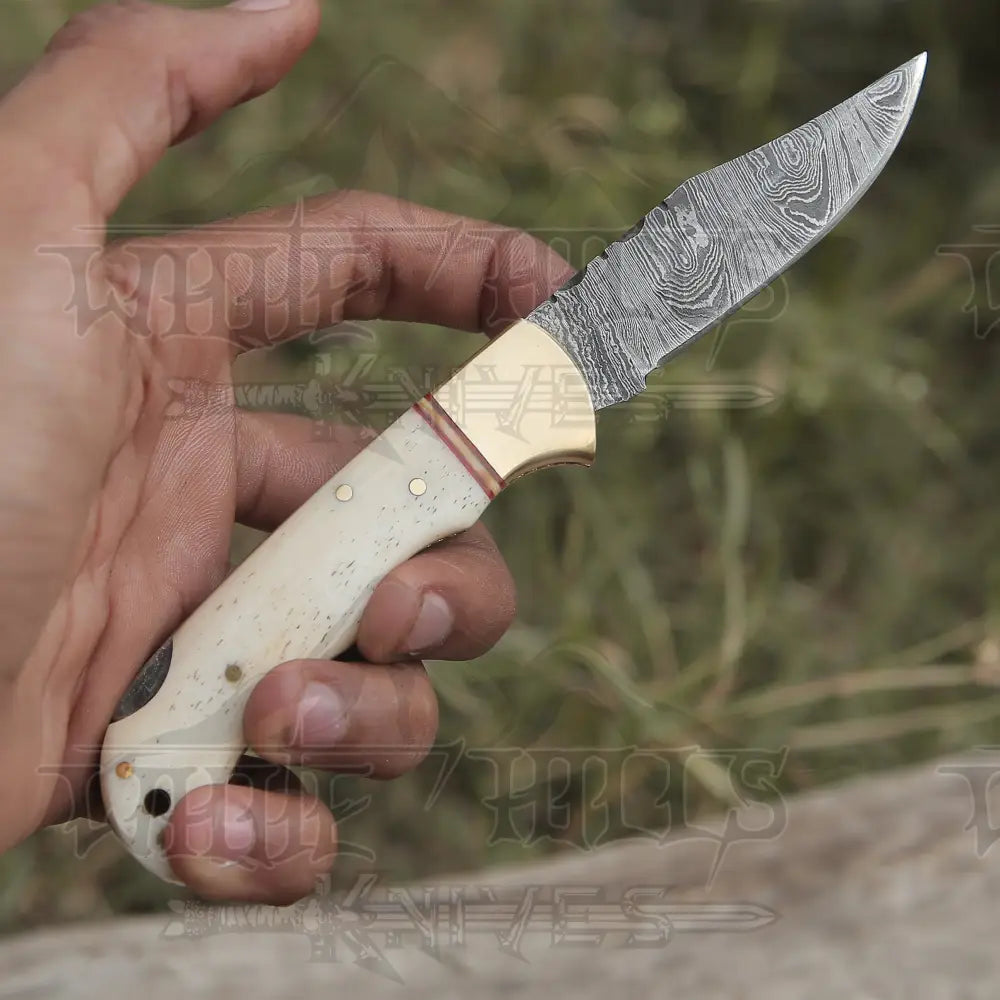 Custom Hand Forged Damascus Folding Knife Engraved Brass Bolster With Bone Handle Wh 1554