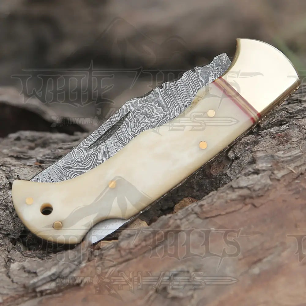 Custom Hand Forged Damascus Folding Knife Engraved Brass Bolster With Bone Handle Wh 1554