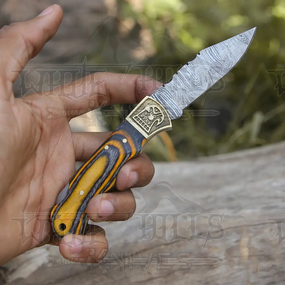 Custom Hand Forged Damascus Folding Knife Stain Wood Handle With Engraved Bolster Wh 1557