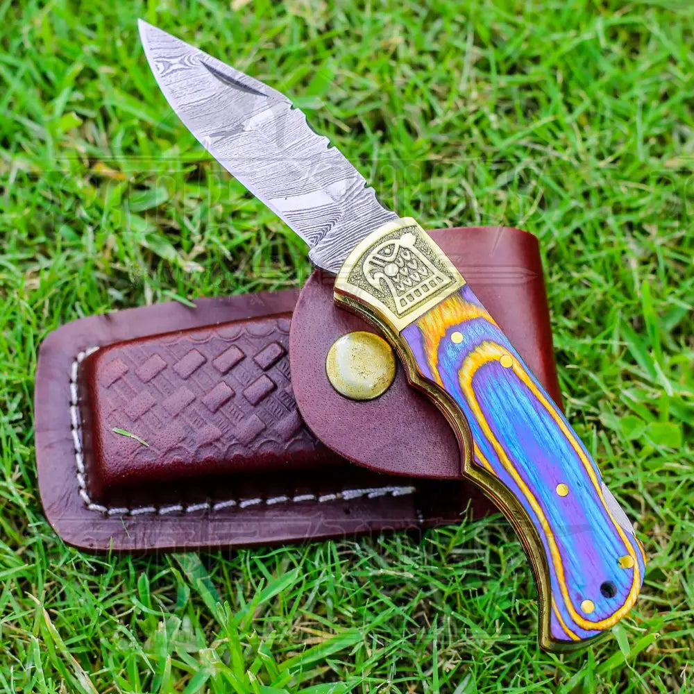 Custom Hand Forged Damascus Folding Knife Stain Wood Handle With Engraved Bolster Wh 1558