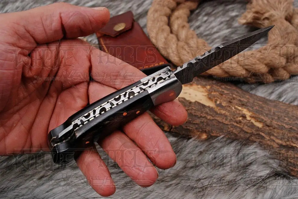 Custom Hand Forged Damascus Folding Knife With Bull Horn & Steel Bolster Wh 1668