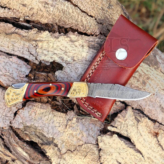 Custom Hand Forged Damascus Folding Knife With Engraved Brass Bolster & Wood Handle
