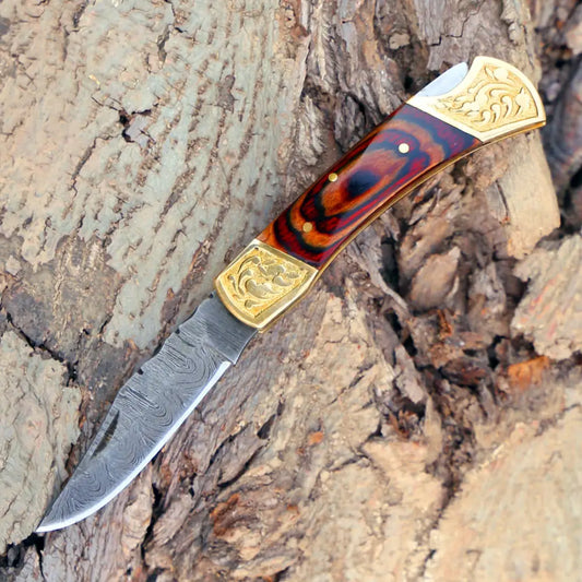 Custom Hand Forged Damascus Folding Knife With Engraved Brass Bolster & Wood Handle