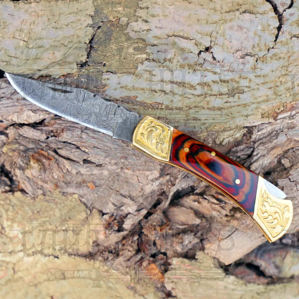 Custom Hand Forged Damascus Folding Knife With Engraved Brass Bolster & Wood Handle