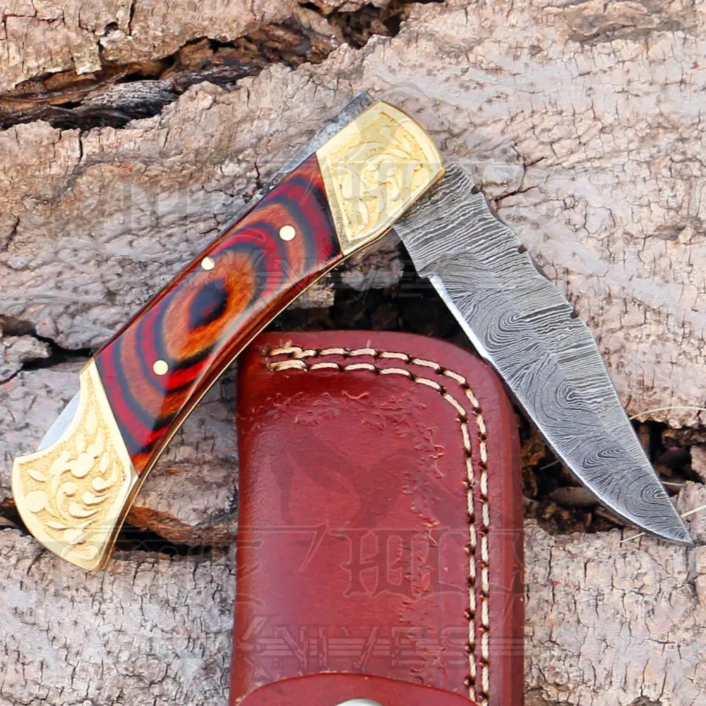 Custom Hand Forged Damascus Folding Knife With Engraved Brass Bolster & Wood Handle