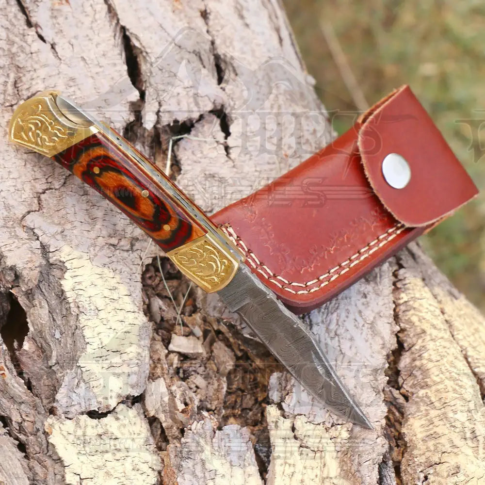 Custom Hand Forged Damascus Folding Knife With Engraved Brass Bolster & Wood Handle