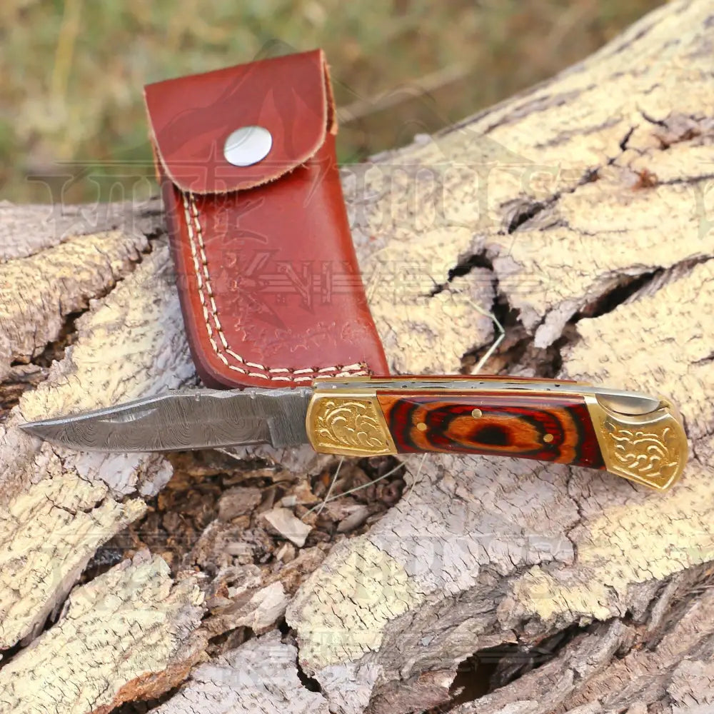 Custom Hand Forged Damascus Folding Knife With Engraved Brass Bolster & Wood Handle