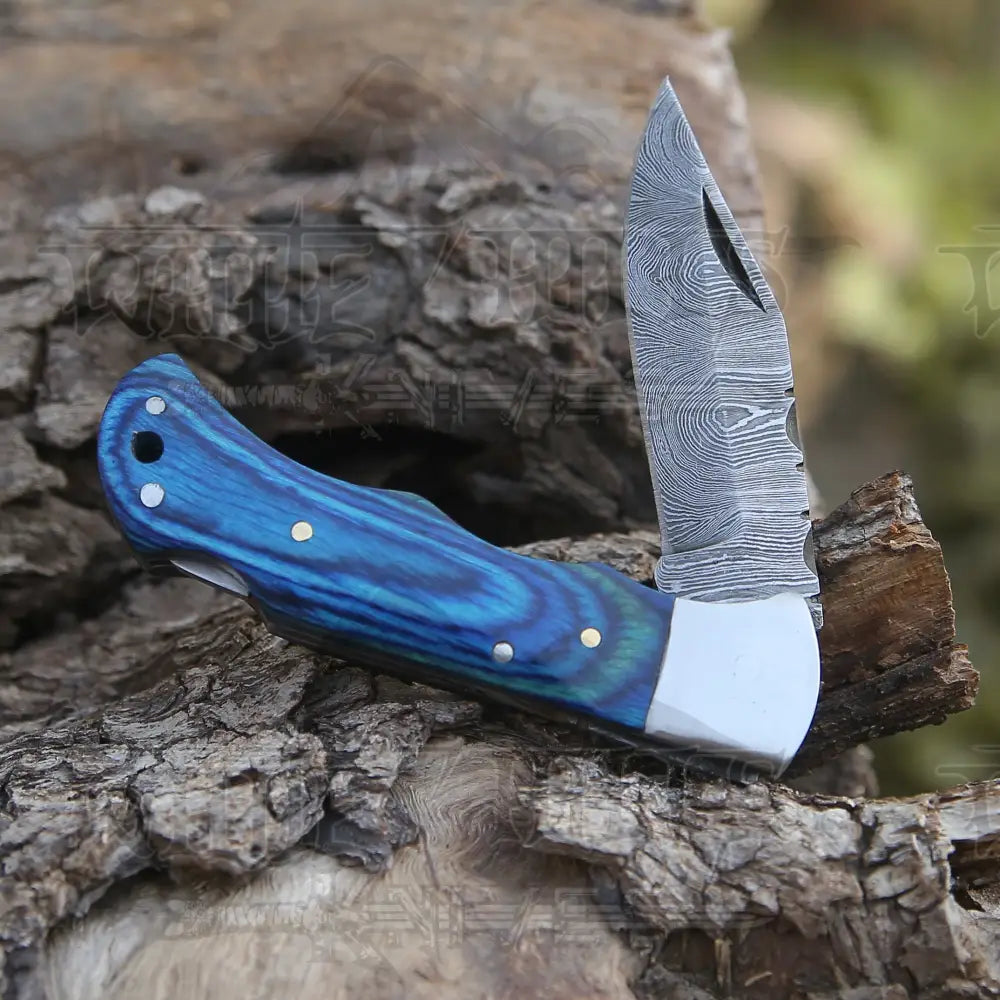 Custom Hand Forged Damascus Folding Knife With Steel Bolster & Stained Wood Handle Wh 141