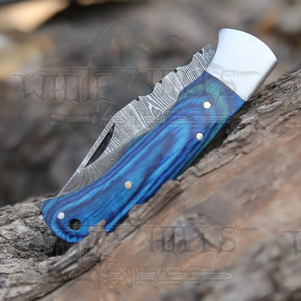 Custom Hand Forged Damascus Folding Knife With Steel Bolster & Stained Wood Handle Wh 141