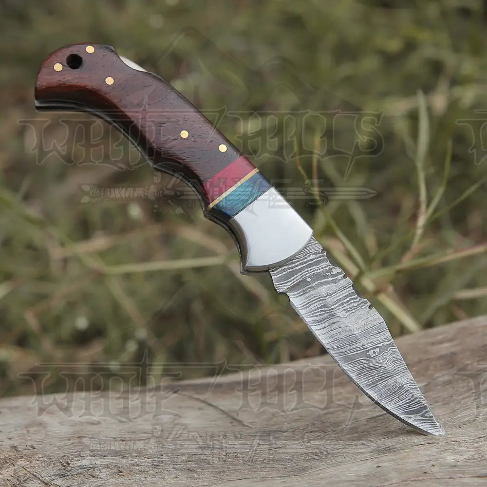 Custom Hand Forged Damascus Folding Pocket Knife With Wood Handle & Back Lock