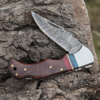 Custom Hand Forged Damascus Folding Pocket Knife With Wood Handle & Back Lock