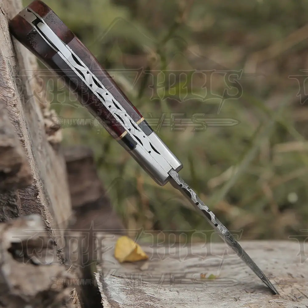 Custom Hand Forged Damascus Folding Pocket Knife With Wood Handle & Back Lock