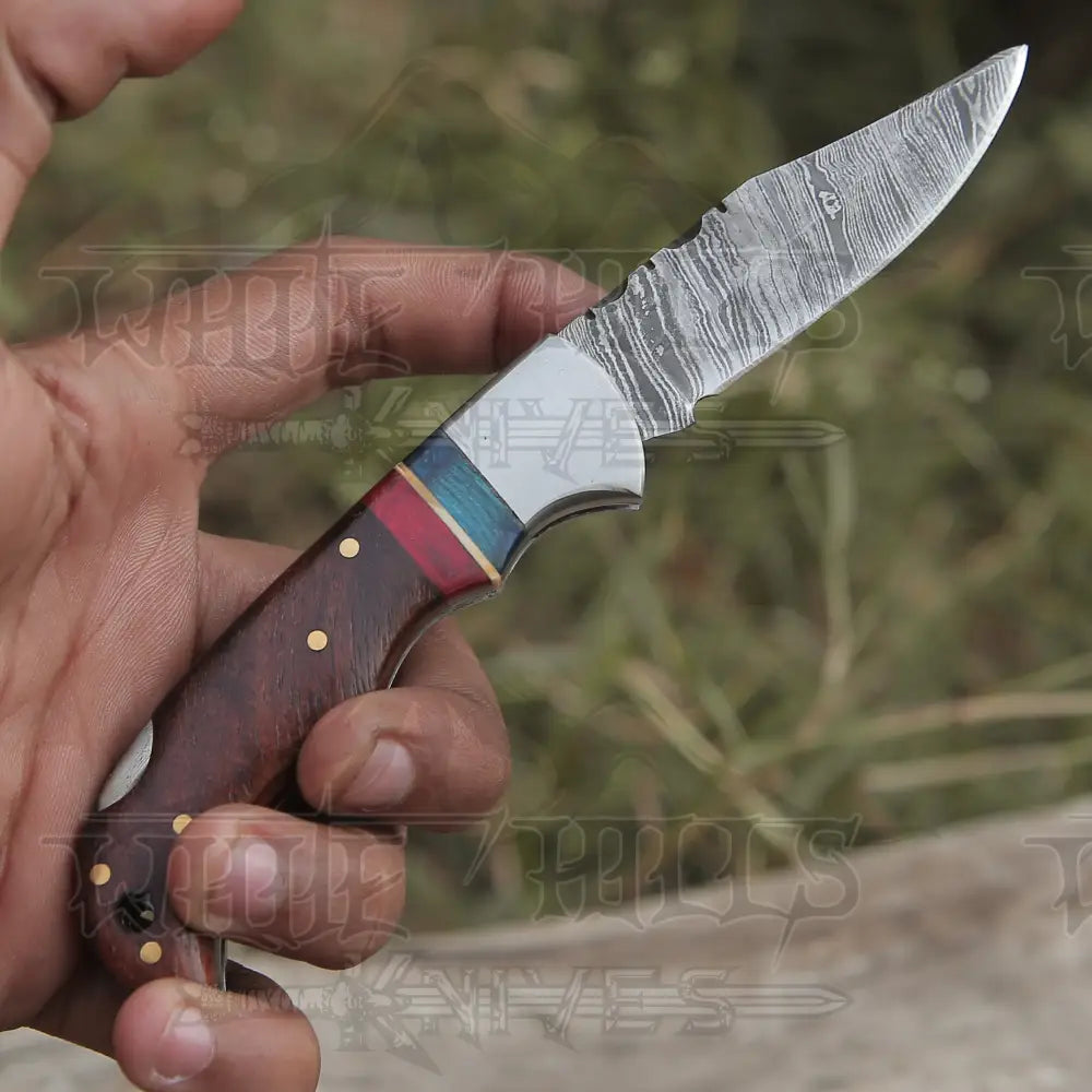 Folding Pocket Knife Hand Forged Damascus With Wood Handle & Back Lock –  White Hills Knives