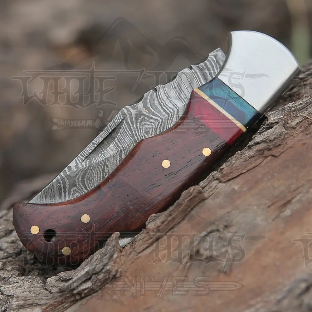 Custom Hand Forged Damascus Folding Pocket Knife With Wood Handle & Back Lock