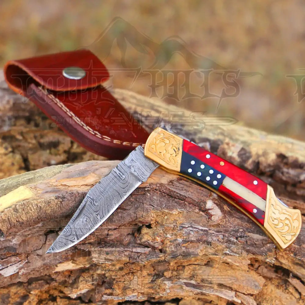 Custom Hand Forged Damascus Steel Folding Knife Engraved Brass Bolster Stained Wood Handle Wh 1836