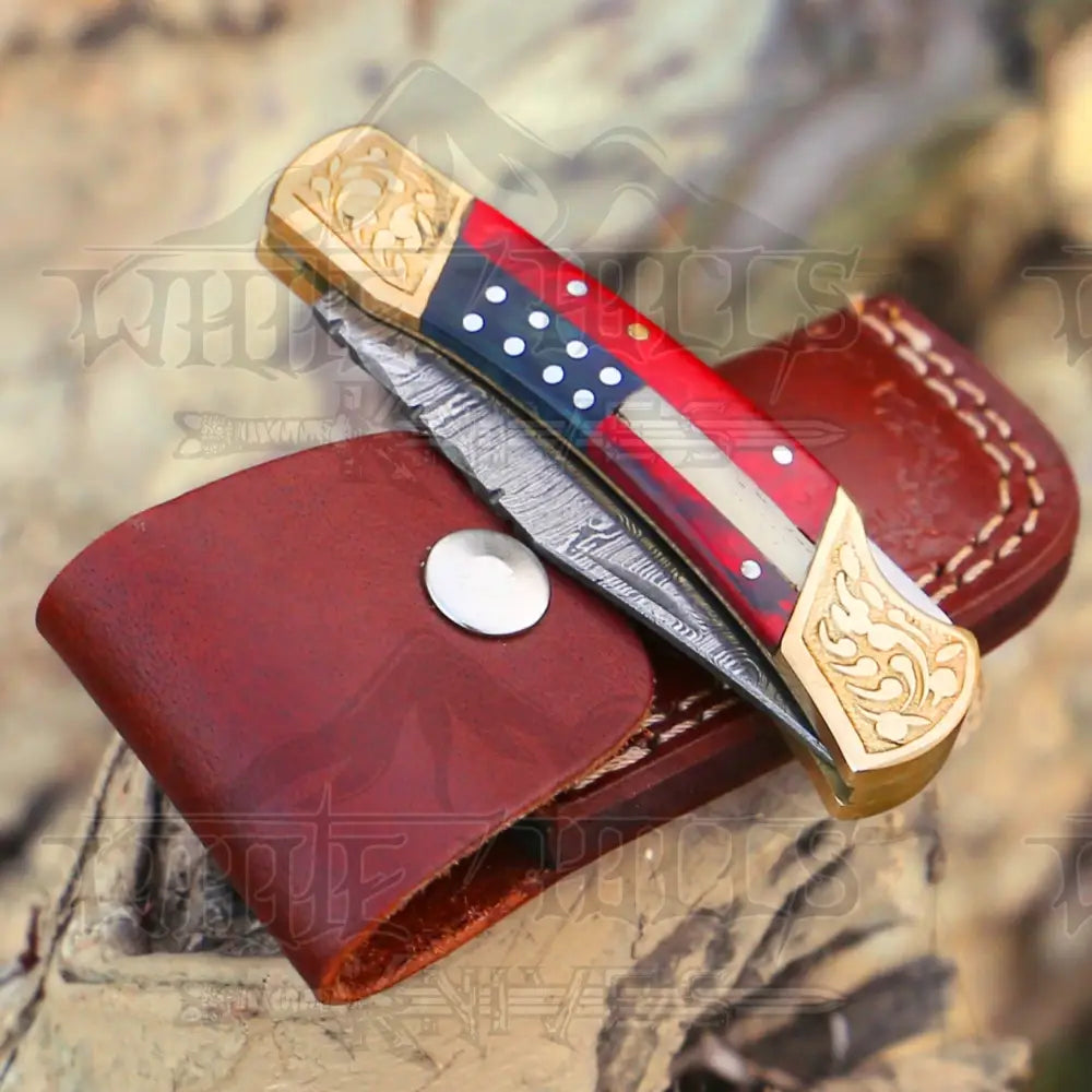 Custom Hand Forged Damascus Steel Folding Knife Engraved Brass Bolster Stained Wood Handle Wh 1836