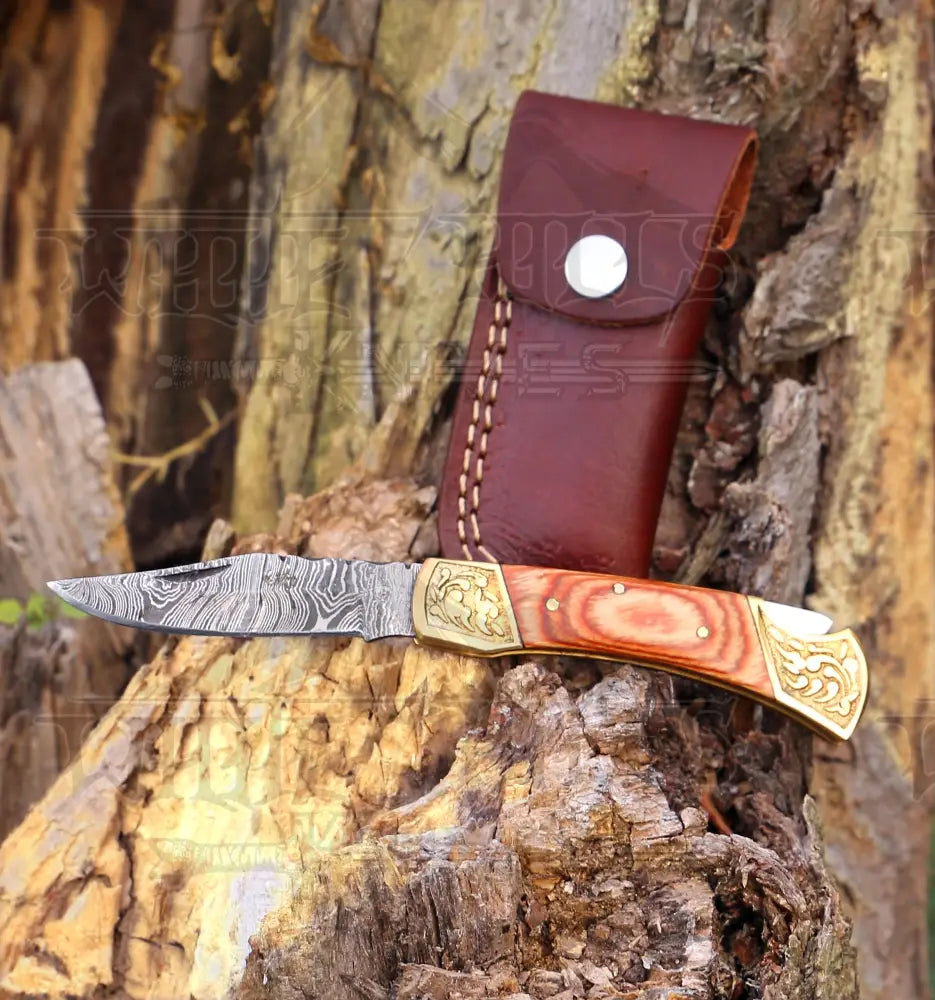 Custom Hand Forged Damascus Steel Folding Knife Engraved Brass Bolster With Pakka Wood Handle Wh