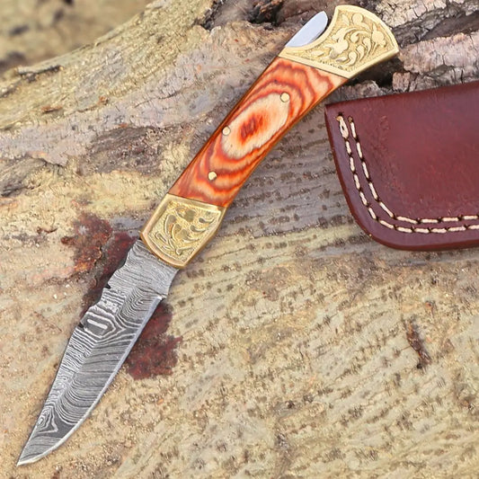 Custom Hand Forged Damascus Steel Folding Knife Engraved Brass Bolster With Pakka Wood Handle Wh