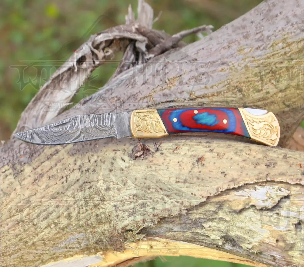 Custom Hand Forged Damascus Steel Folding Knife Engraved Brass Bolster With Stained Wood Handle Wh