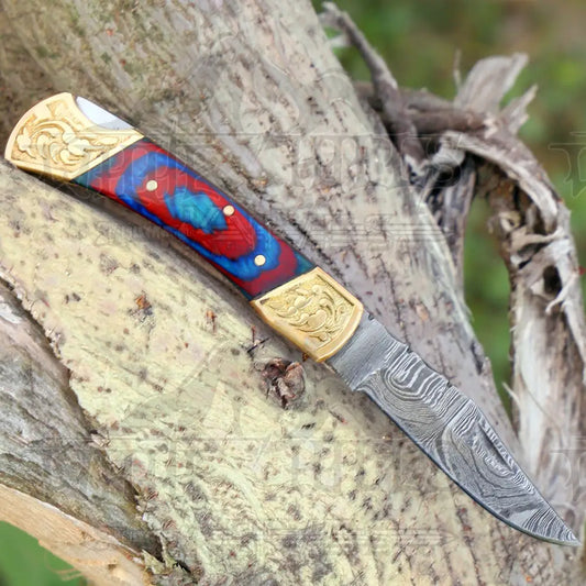 Custom Hand Forged Damascus Steel Folding Knife Engraved Brass Bolster With Stained Wood Handle Wh